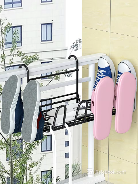 Black Hanging Shoe Rack on Balcony Railing with Sneakers and Pink Slippers 3d model 