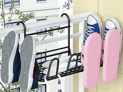 Black Hanging Shoe Rack on Balcony Railing with Sneakers and Pink Slippers 3d model