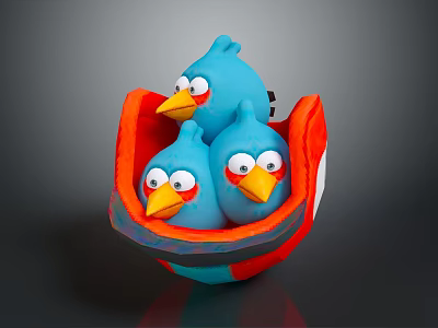 Three Blue Bird Dolls in Red and Blue Nest with Big Eyes Yellow Beaks 3d model