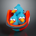 Three Blue Bird Dolls in Red and Blue Nest with Big Eyes Yellow Beaks