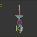 Futuristic Green And Gold Weapon With Red Circular Detail And Golden Tip Base Design