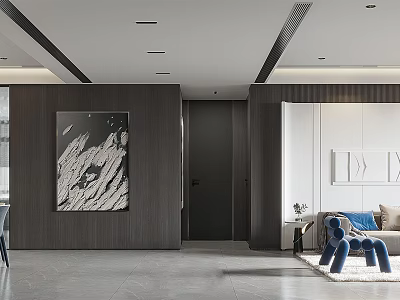 Modern Living Dining Room Interior With Black White Abstract Painting Blue Cushions And Gray Floor 3d model