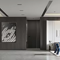 Modern Living Dining Room Interior With Black White Abstract Painting Blue Cushions And Gray Floor