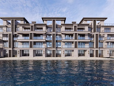 Modern Townhouses Exterior With Multiple Balconies Waterfront And Scenic Blue Sky View 3d model