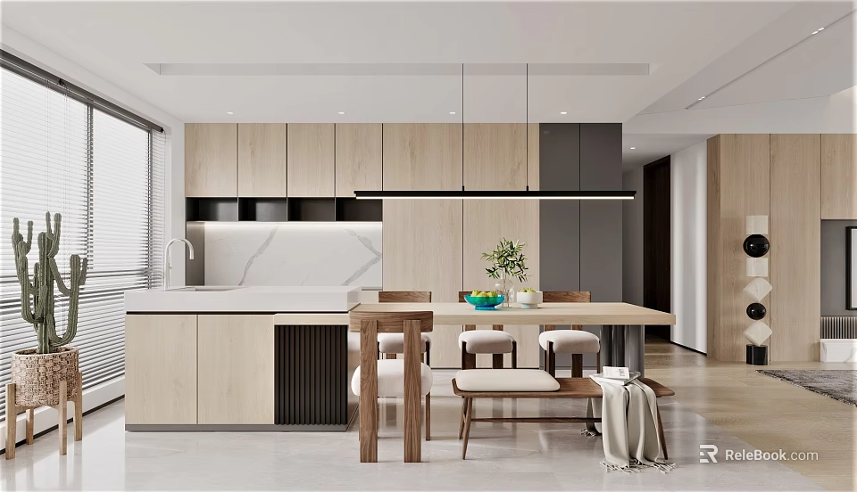 Modern Open Restaurant Interior With Dining Table Chairs And Green Plant 3d model