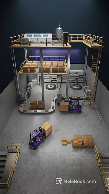 Intelligent Machines Streamline Warehouse Operations With Conveyor Belts Forklifts Shelves And Boxes 3d model 