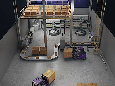 Intelligent Machines Streamline Warehouse Operations With Conveyor Belts Forklifts Shelves And Boxes 3d model