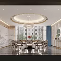 Modern Private Dining Room Interior Design With Round Table Circular Pendant Lights And Large Windows 3d model