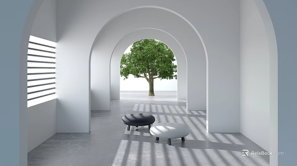 White Elevator Hallway Interior With Arched Doorway Large Tree Round Stools And Sunlight Shadows 3d model 