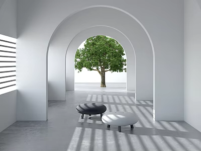 White Elevator Hallway Interior With Arched Doorway Large Tree Round Stools And Sunlight Shadows 3d model