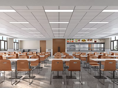 Spacious Cafeteria Interior With Rows Of Tables Chairs And Bright Ceiling Lights 3d model