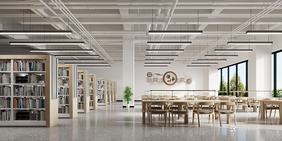 Artistic Library Interior With Bookshelves And Reading Area 3d model 