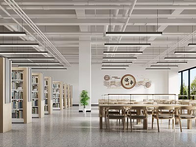 Artistic Library Interior With Bookshelves And Reading Area 3d model