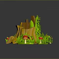 Lush Green Grassy Scene with Wooden Stumps Red and Orange Mushrooms and Small Plants