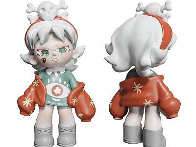 Cartoon Style Sculpture Figure With White Hair Skull Decoration Star Patterned Clothes Front Back View 3d model