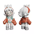 Cartoon Style Sculpture Figure With White Hair Skull Decoration Star Patterned Clothes Front Back View