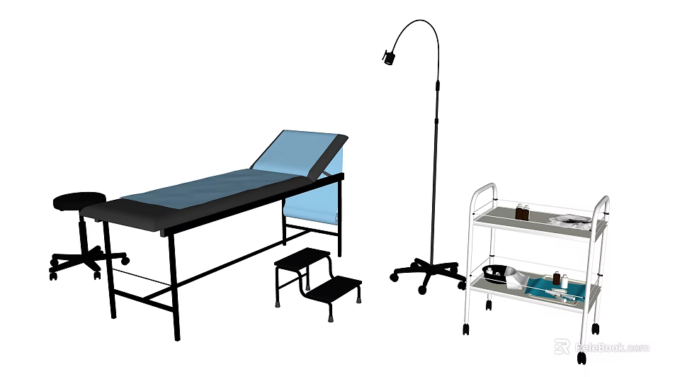 Essential Medical Devices Including Examination Table Adjustable Lamp And Mobile Instrument Trolley 3d model 