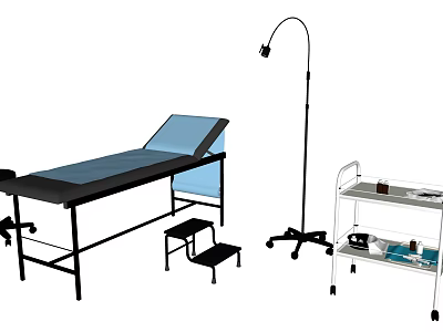 Essential Medical Devices Including Examination Table Adjustable Lamp And Mobile Instrument Trolley 3d model