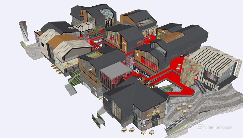 Modern Commercial Street With Multiple Buildings Red Plaza And Courtyard Design 3d model 