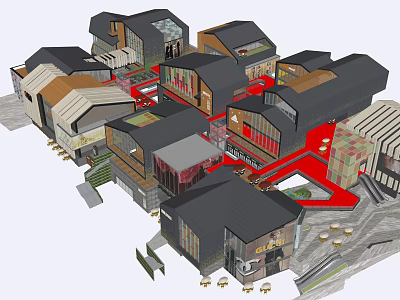 Modern Commercial Street With Multiple Buildings Red Plaza And Courtyard Design 3d model