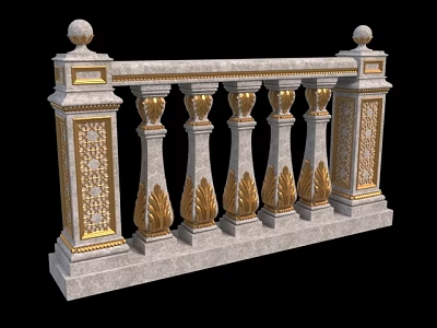 Ornate Architectural Balustrade In Marble With Gold Leaf Motifs And Spherical Finials 3d model