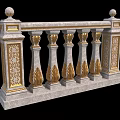 Ornate Architectural Balustrade In Marble With Gold Leaf Motifs And Spherical Finials
