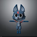 Blue Fox Like Cartoon Character With Big Eyes Red Moon Mark And Red Scarf
