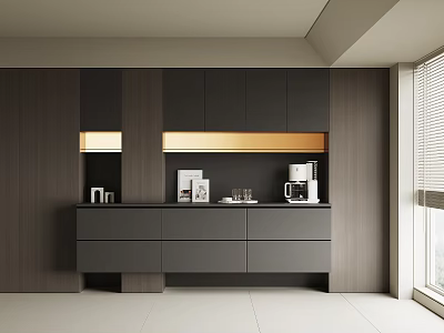 Modern Dining Area Sideboard With Dark Gray Cabinets LED Lighting And Coffee Machine 3d model