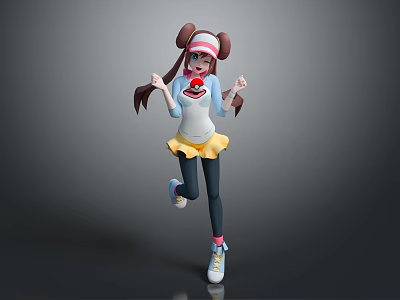 Anime Girl With Brown Pigtails And Cute Red Creature In White Top Yellow Skirt Outfit 3d model