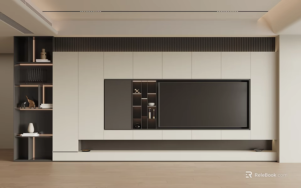 Modern Minimalist TV Background Wall Design With White Panels Black Accents Built-in TV And Storage 3d model 