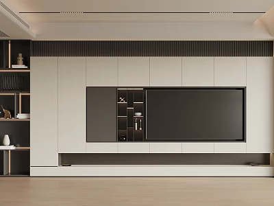 Modern Minimalist TV Background Wall Design With White Panels Black Accents Built-in TV And Storage 3d model