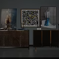 Elegant Wooden Sideboards With Radiant Textured Doors Golden Lines And Decorative Artworks