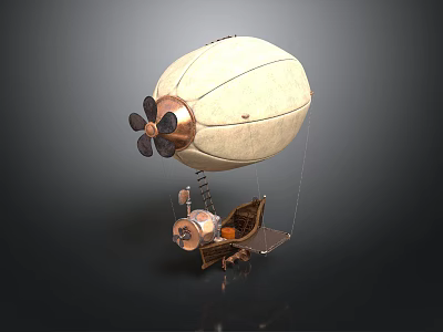 Vintage Steampunk Airship Design With Propeller Leather Envelope And Wooden Basket 3d model