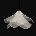 Two Illuminated White Pendant Lights With Pleated Wavy Lampshades And Golden Rods On Black Background