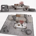 Modern Striped Sofa And Marble Coffee Table Set With Throw Pillows And Area Rug 3d model