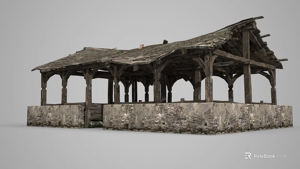 Traditional Ancient Architecture with Stone Walls Wooden Beams and Tiled Roof Design 3d model 