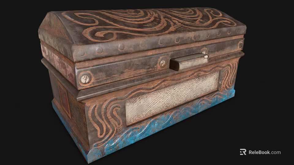 Vintage Carved Wooden Decorative Chest With Blue Brown Scroll Patterns And Metal Hardware 3d model 