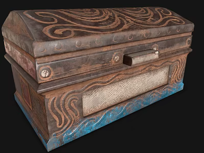 Vintage Carved Wooden Decorative Chest With Blue Brown Scroll Patterns And Metal Hardware 3d model