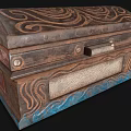 Vintage Carved Wooden Decorative Chest With Blue Brown Scroll Patterns And Metal Hardware