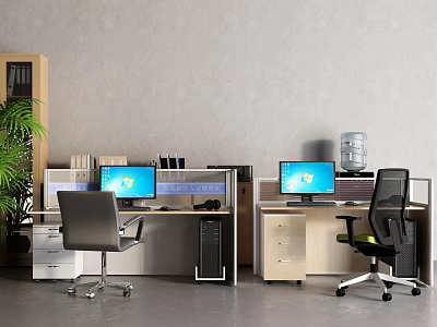 Modern Office Workstations With Dual Computer Monitors Office Chairs And Potted Green Plant 3d model