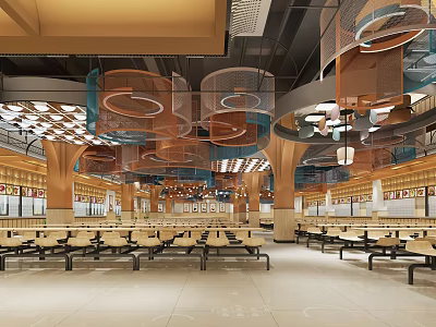 Spacious Restaurant Interior With Wooden Columns And Circular Ceiling Decorations 3d model