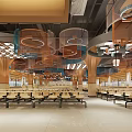 Spacious Restaurant Interior With Wooden Columns And Circular Ceiling Decorations 3d model