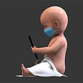 Baby Wearing Blue Mask Sitting On Floor With Black Phone And White Towel