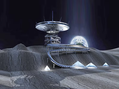Spiral Road Infrastructure Connecting Circular Tower With Hills Illuminated Pyramids Starry Sky And Glowing Planet 3d model