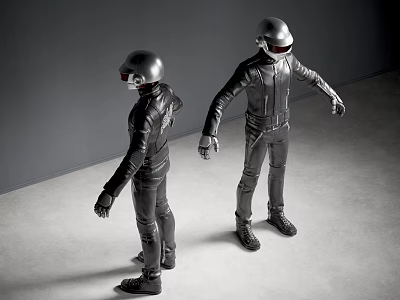 Two Men Wearing Silver Helmets And Black Leather Suits Standing In Gray Interior Space 3d model