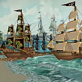 Classic Wooden Ships With Pirate Flags Green Gold Sails And Distant Sailing Vessel On Ocean