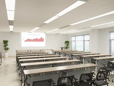 Spacious Modern Conference Room With Arranged Tables Chairs Projection Screen Charts And Green Plants 3d model