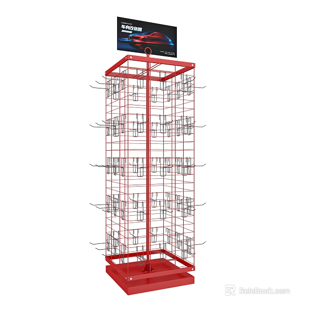 Red Multi Layer Display Rack With Hooks And Top Digital Screen For Retail 3d model