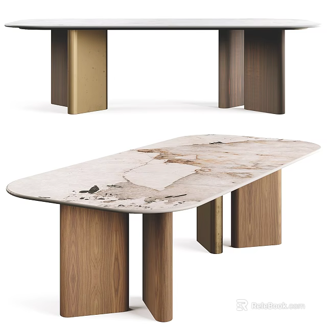 Modern Stylish Dining Table With Natural Veined Marble Top And Walnut Wooden Legs 3d model 