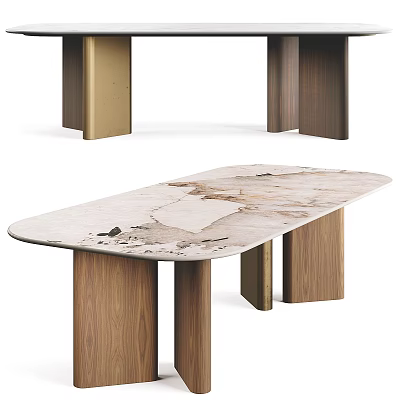 Modern Stylish Dining Table With Natural Veined Marble Top And Walnut Wooden Legs 3d model